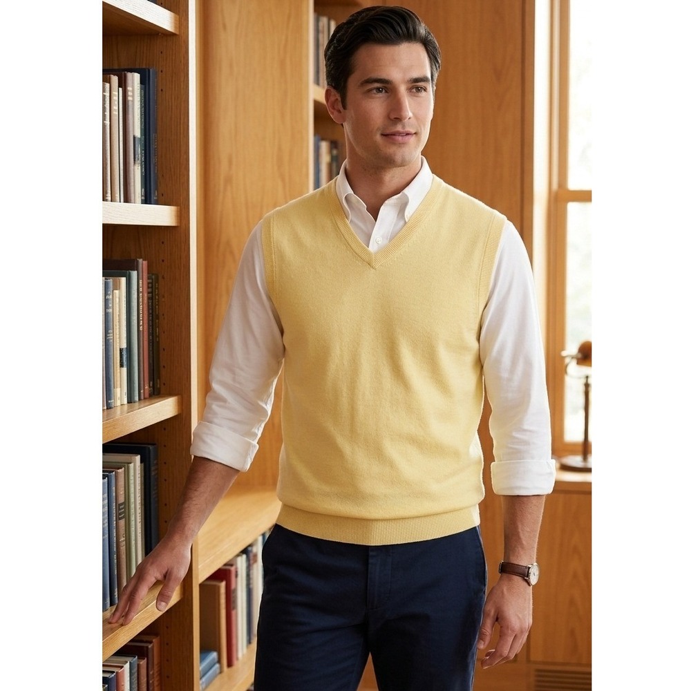 Brooks Brothers Supima Cotton V-Neck Sweater Vest Men's L Yellow Pullover Preppy
